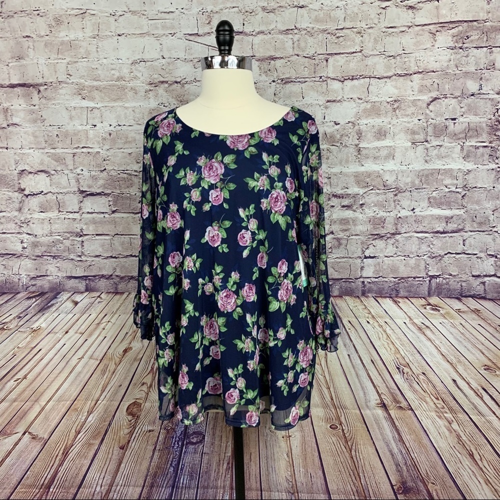 Papermoon Stitch Fix Blue Floral Sheer 3/4 Sleeve Blouse